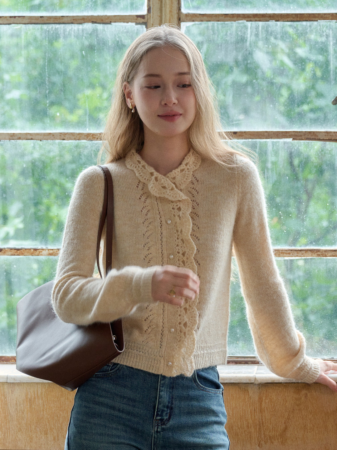 Lauren Wavy Collar Hollow Knit Cardigan