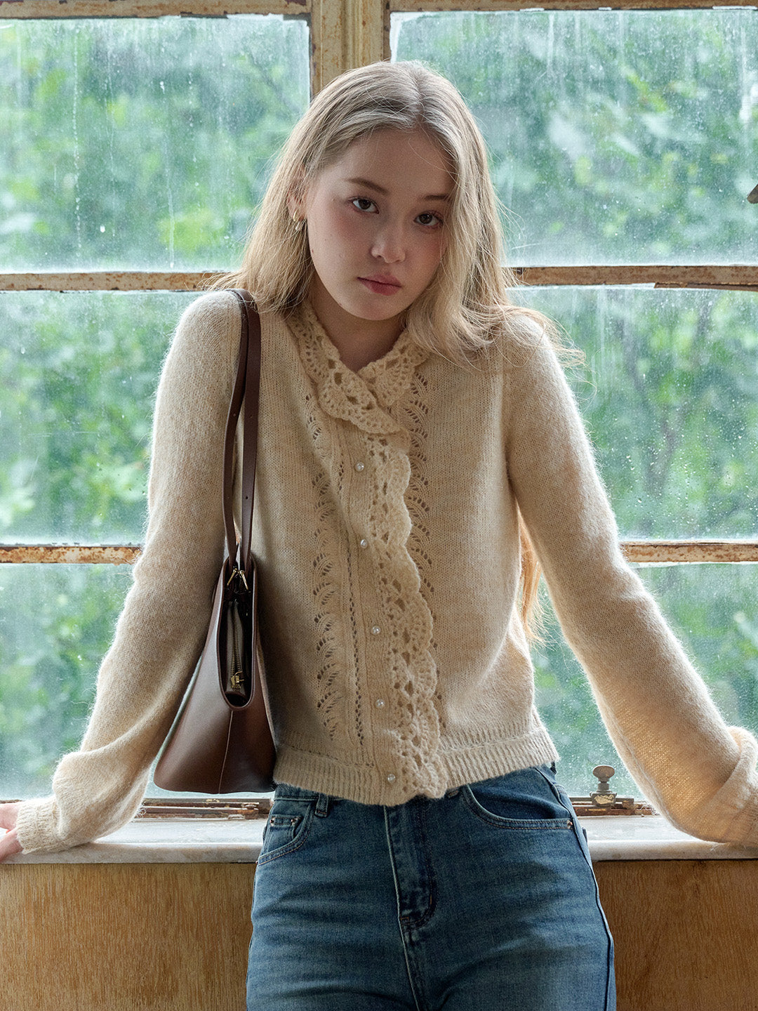 Lauren Wavy Collar Hollow Knit Cardigan