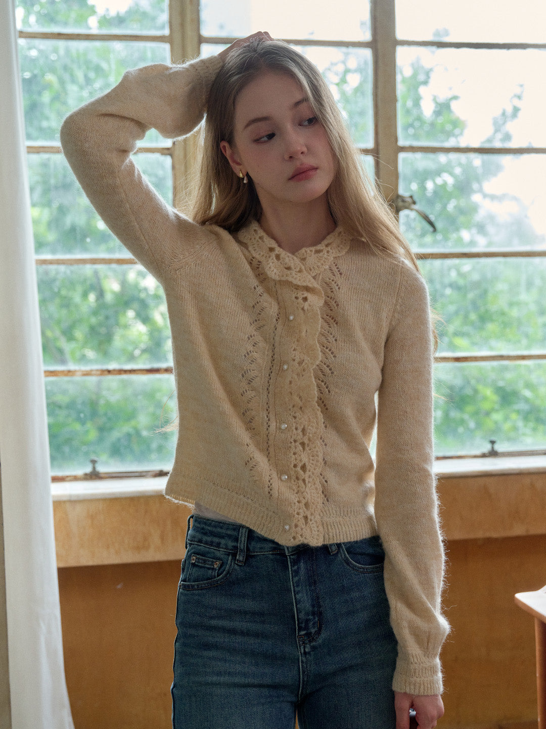 Lauren Wavy Collar Hollow Knit Cardigan