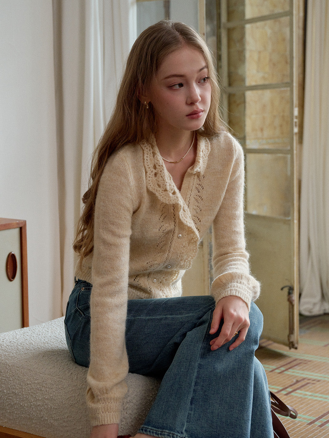Lauren Wavy Collar Hollow Knit Cardigan