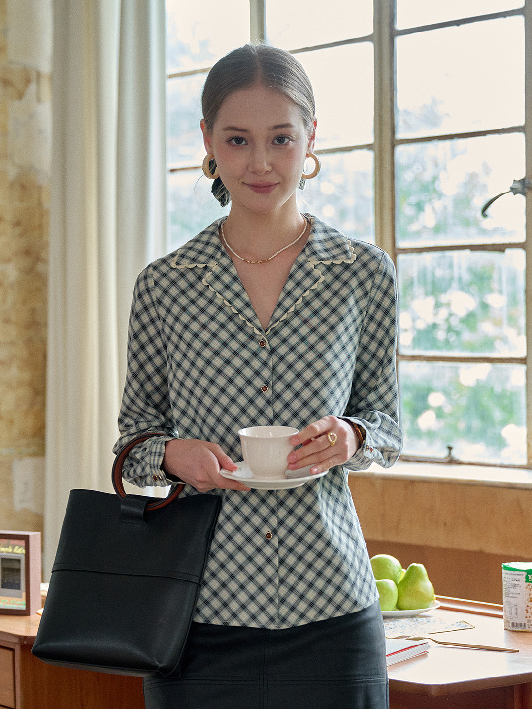 Kalani V-Neck Plaid Viscose Blouse