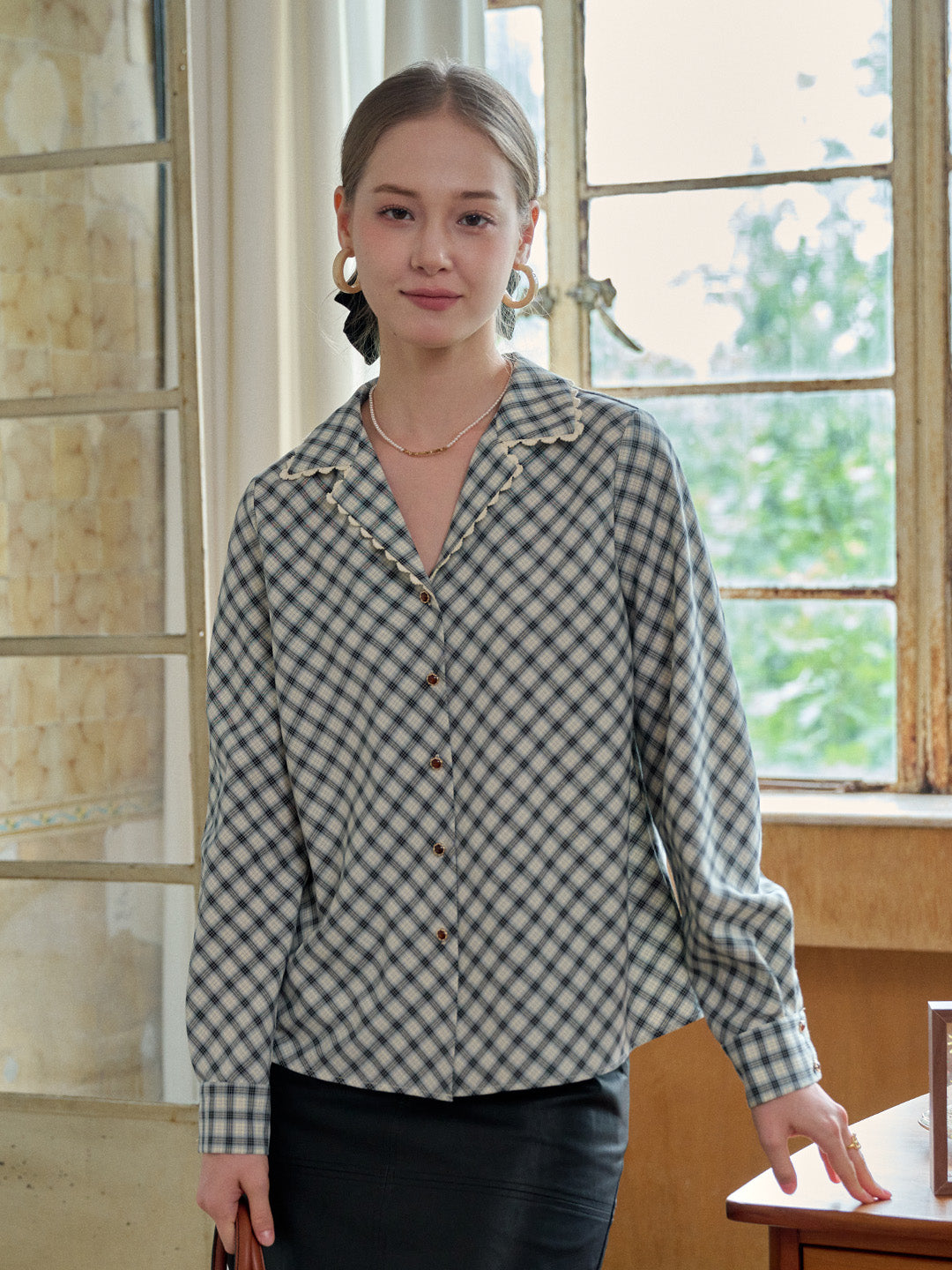 Kalani V-Neck Plaid Viscose Blouse