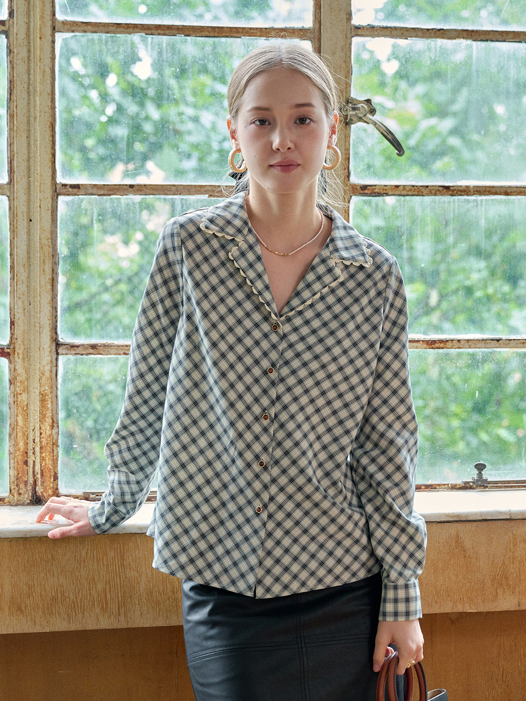 Kalani V-Neck Plaid Viscose Blouse