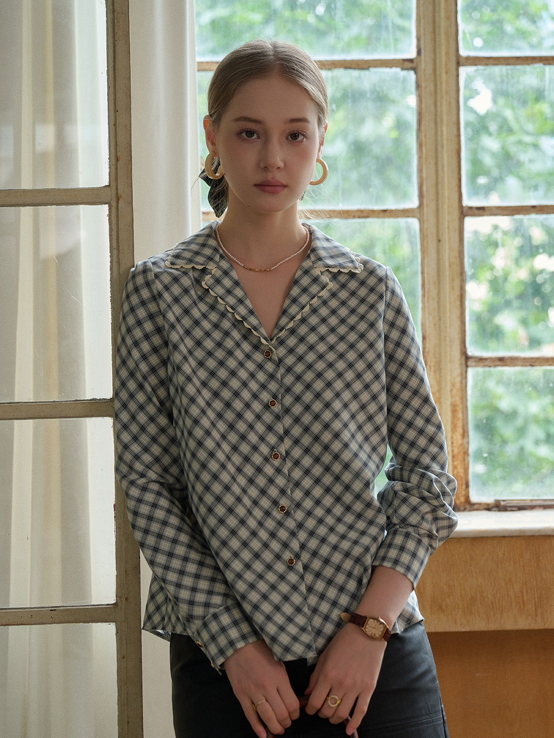 Kalani V-Neck Plaid Viscose Blouse