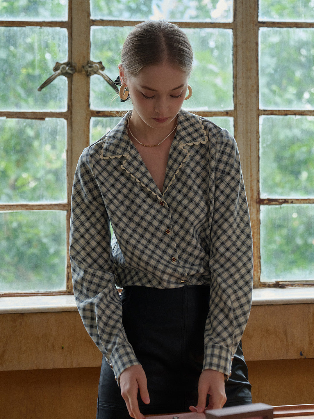 Kalani V-Neck Plaid Viscose Blouse
