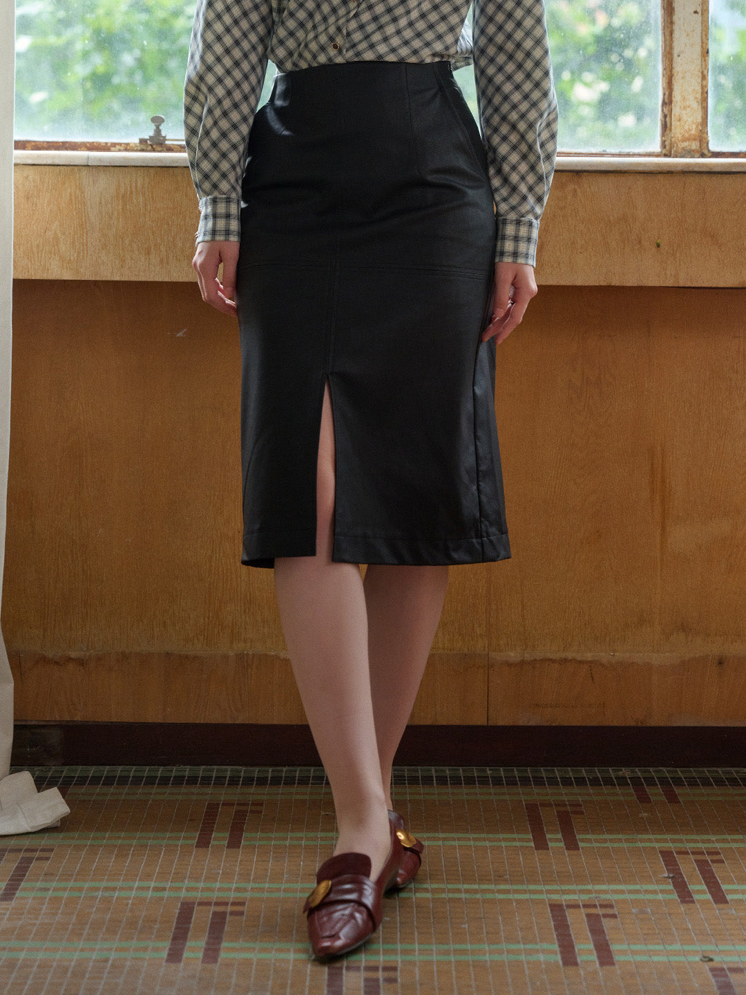 Aisha Slit Mid-Length PU Leather Skirt