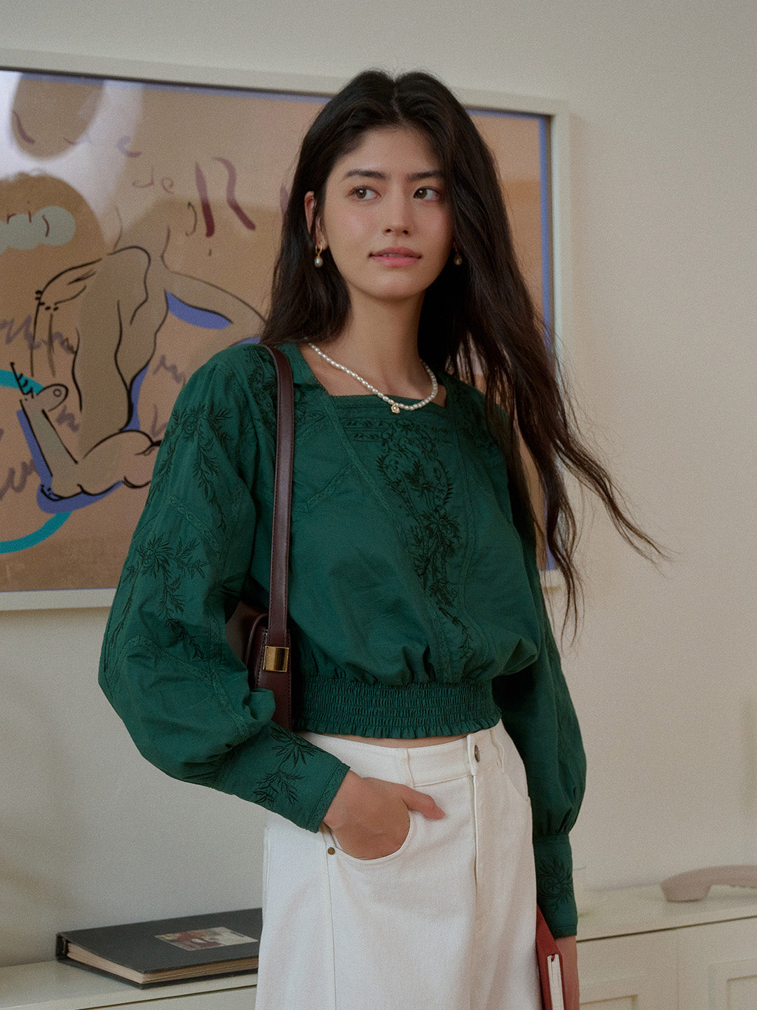 Oakley Square Neck Jacquard Lace Green Blouse