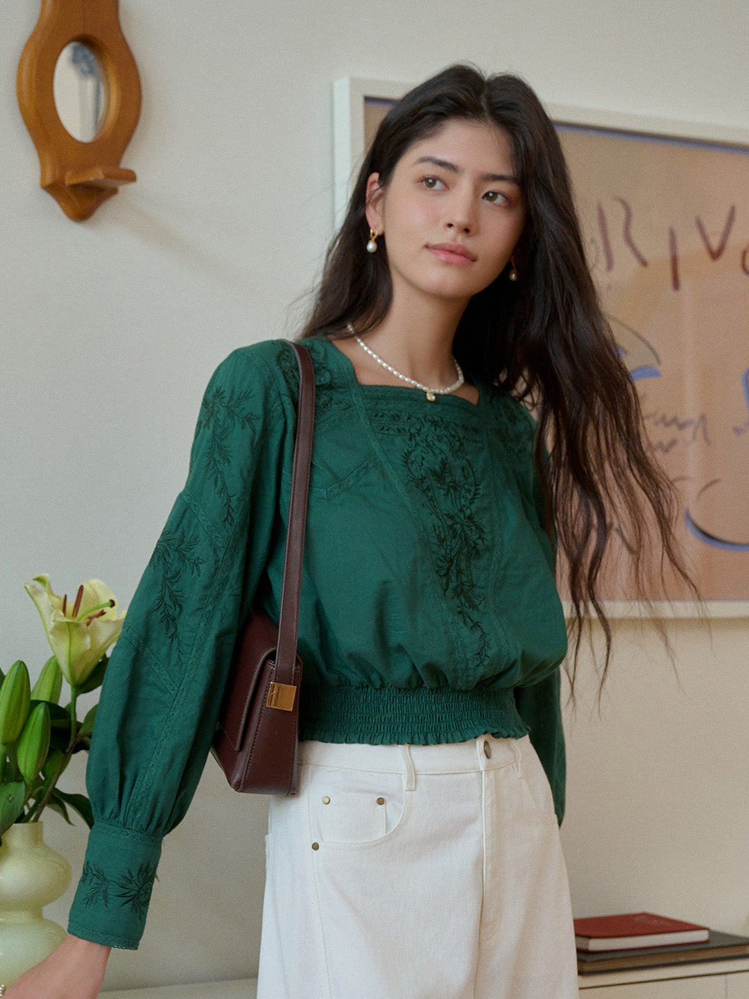 Oakley Square Neck Jacquard Lace Green Blouse