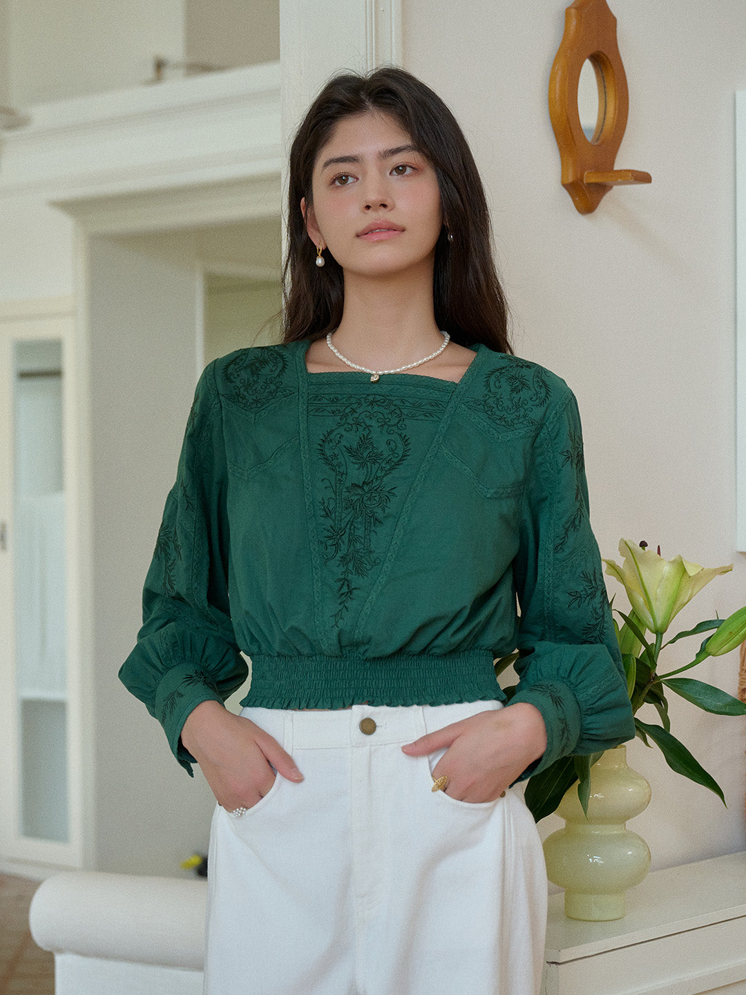 Oakley Square Neck Jacquard Lace Green Blouse