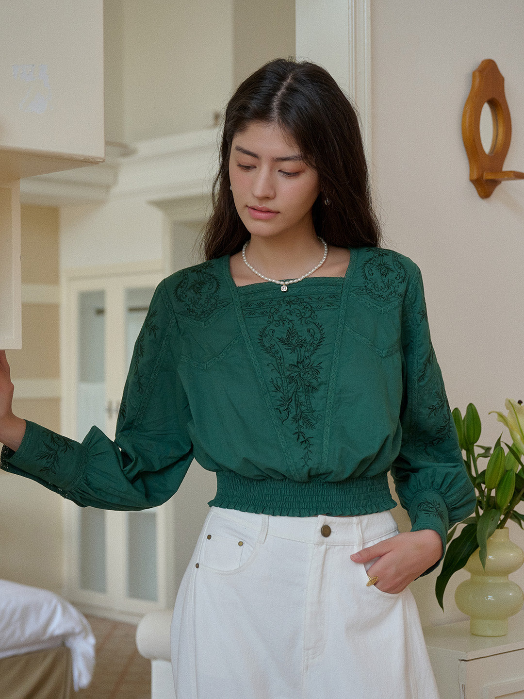 Oakley Square Neck Jacquard Lace Green Blouse