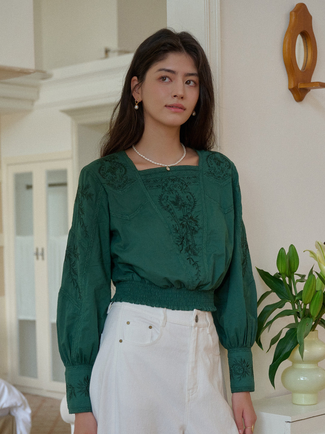 Oakley Square Neck Jacquard Lace Green Blouse