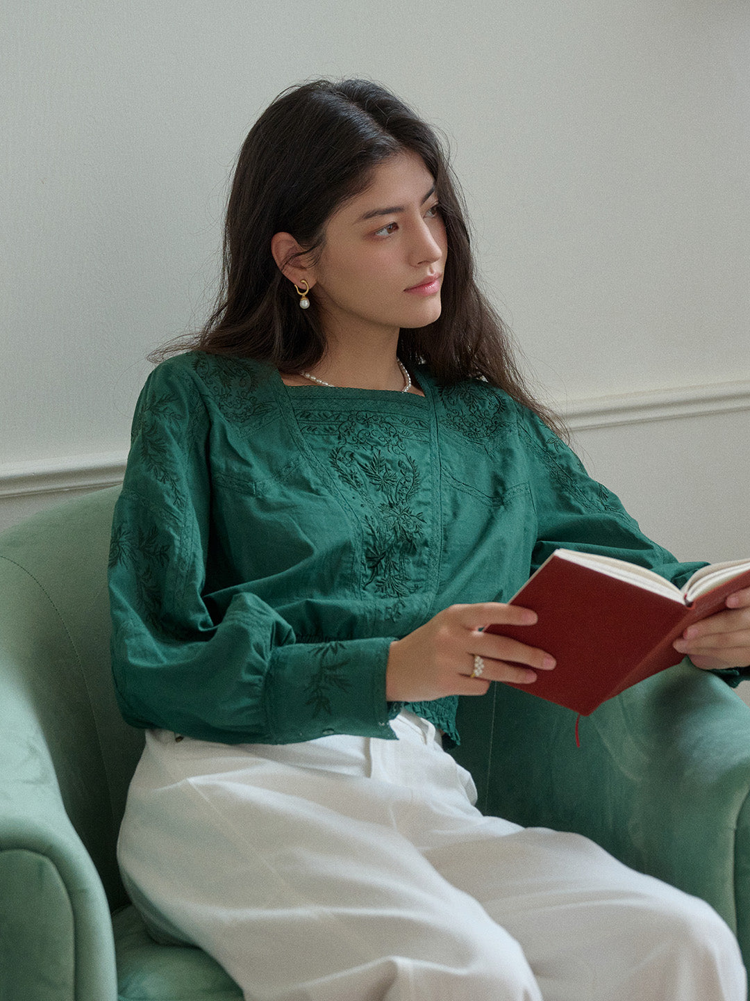 Oakley Square Neck Jacquard Lace Green Blouse