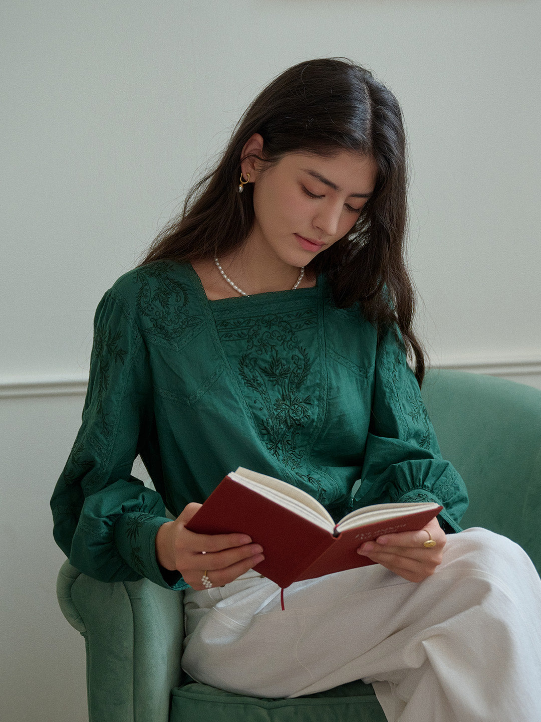 Oakley Square Neck Jacquard Lace Green Blouse