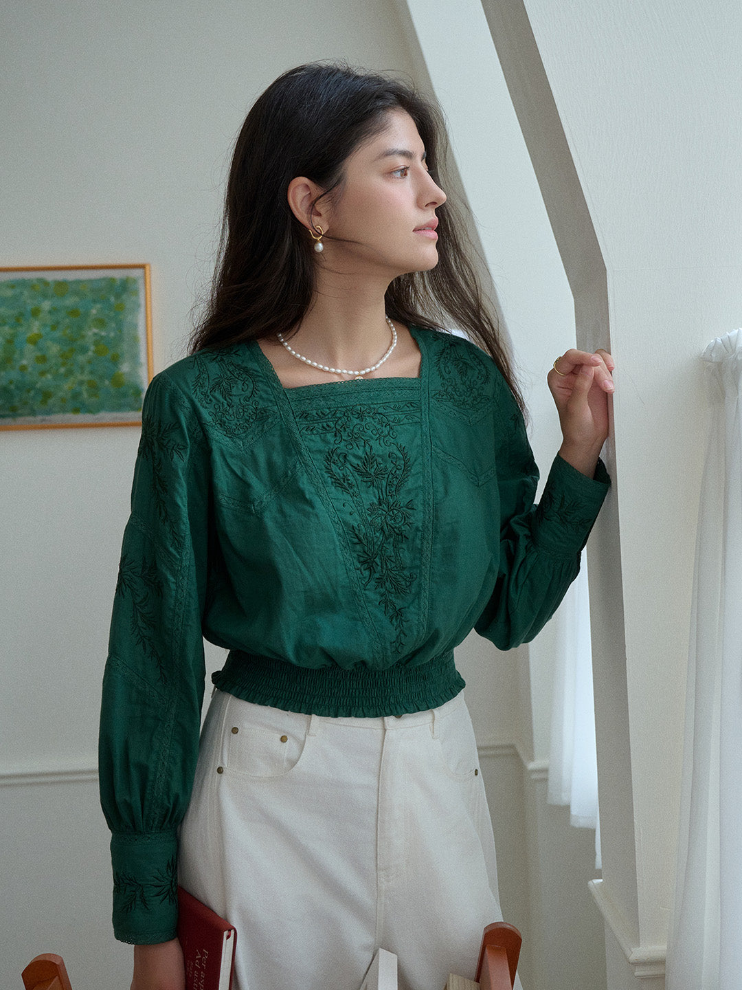 Oakley Square Neck Jacquard Lace Green Blouse