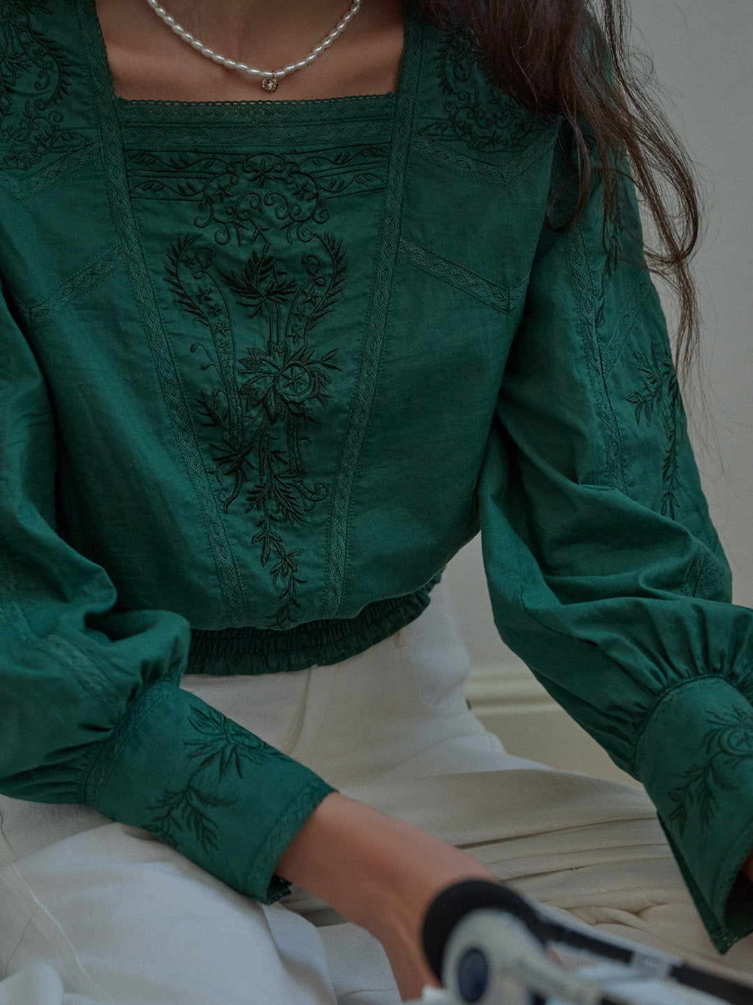 Oakley Square Neck Jacquard Lace Green Blouse