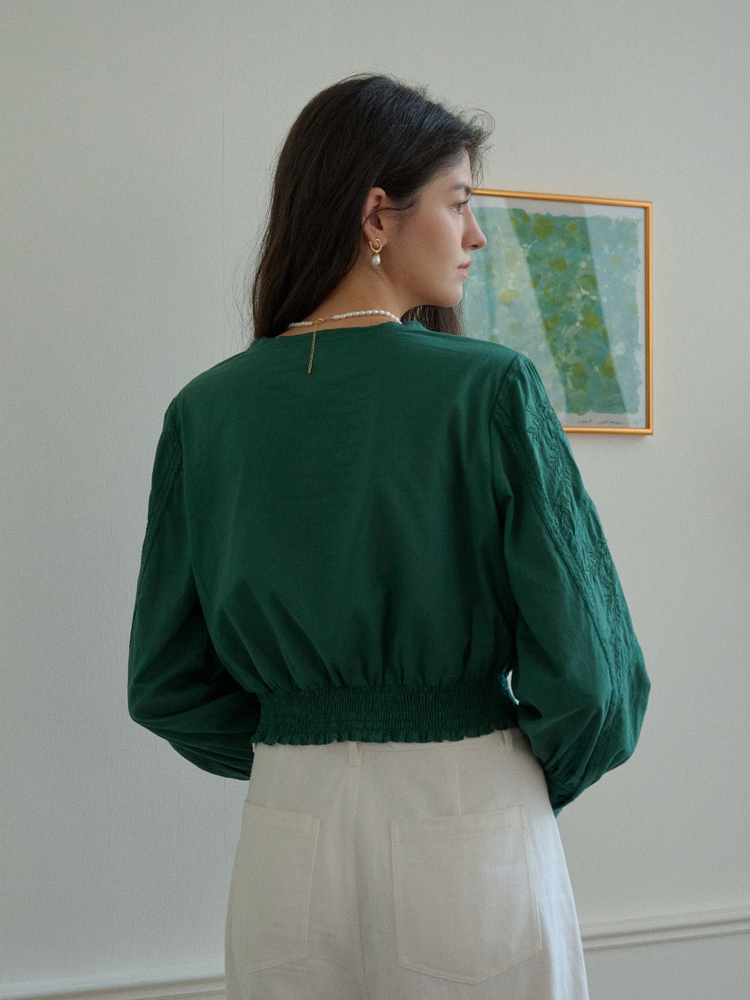 Oakley Square Neck Jacquard Lace Green Blouse