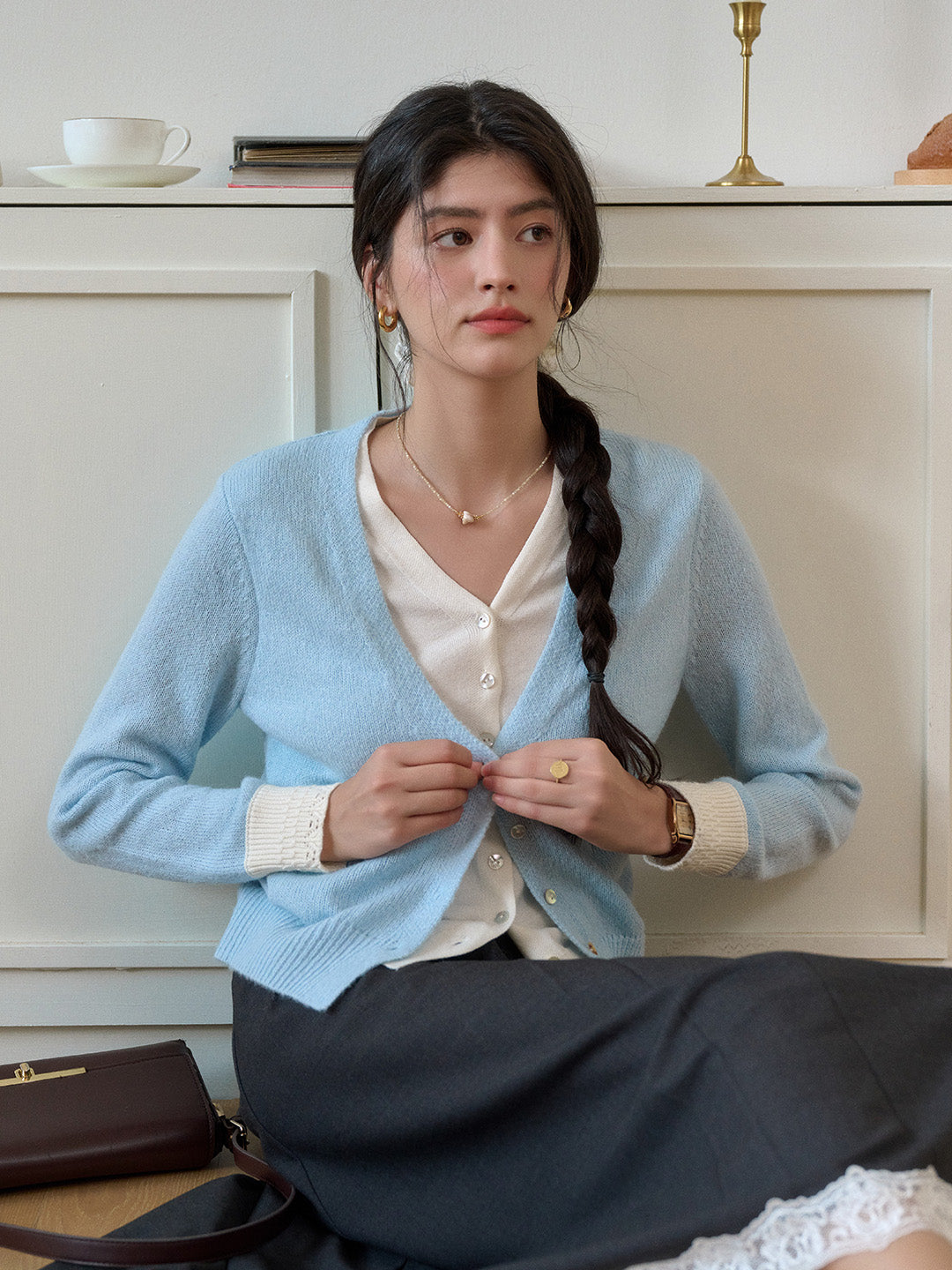 Madeleine V-Neck Faux Layered Wool Top