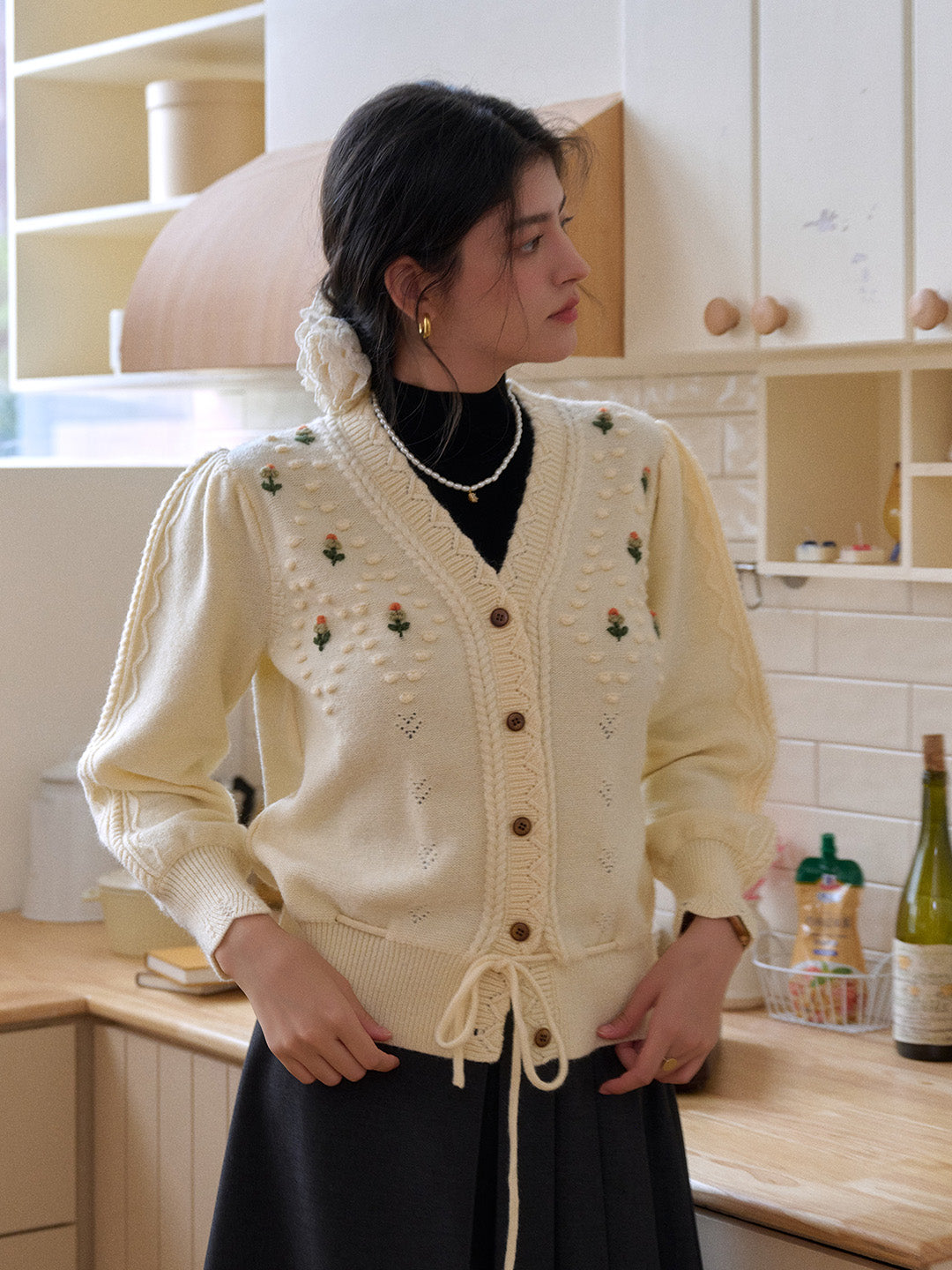 Kira V-Neck Crochet Tie-Waist Wool Sweater