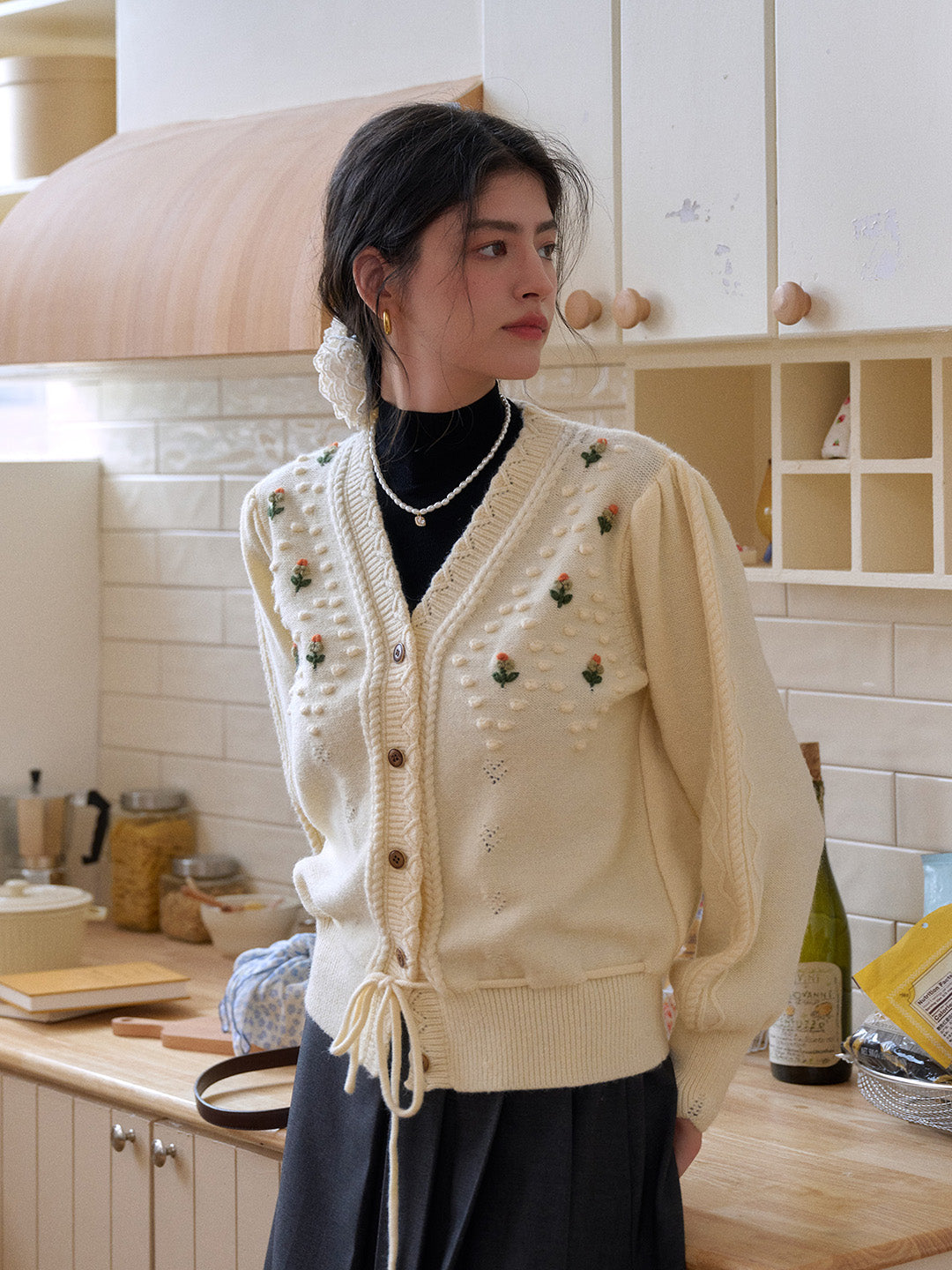 Kira V-Neck Crochet Tie-Waist Wool Sweater
