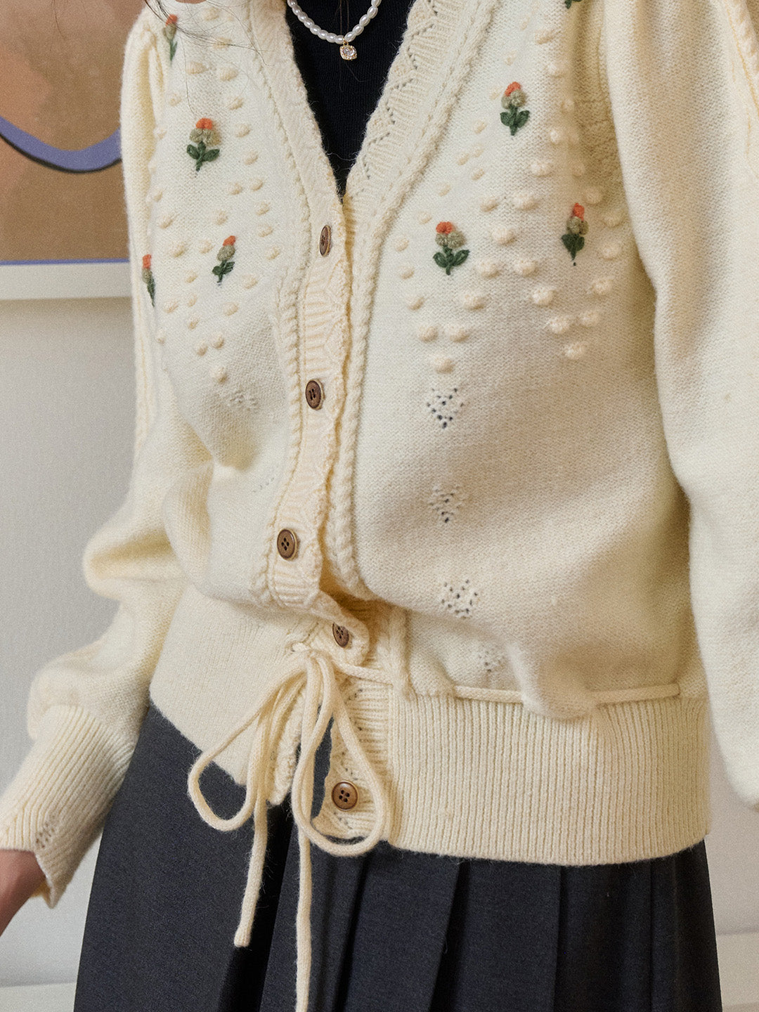 Kira V-Neck Crochet Tie-Waist Wool Sweater