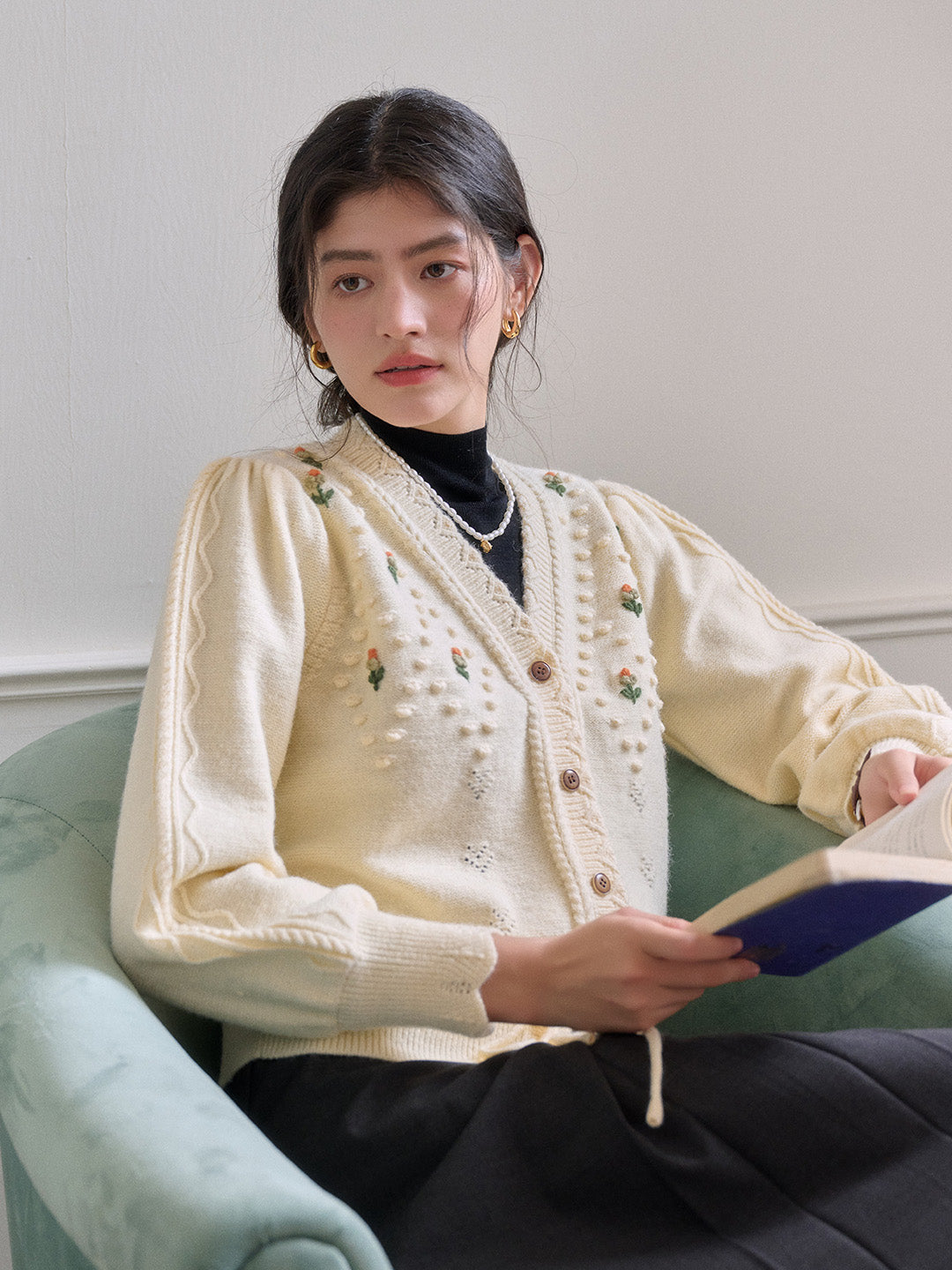 Kira V-Neck Crochet Tie-Waist Wool Sweater