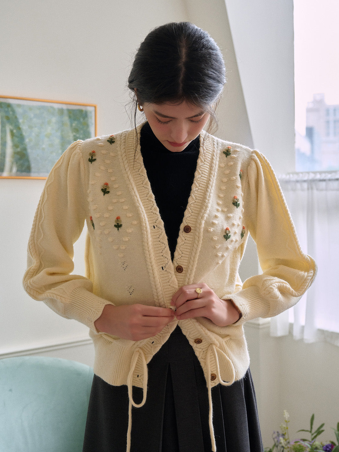 Kira V-Neck Crochet Tie-Waist Wool Sweater