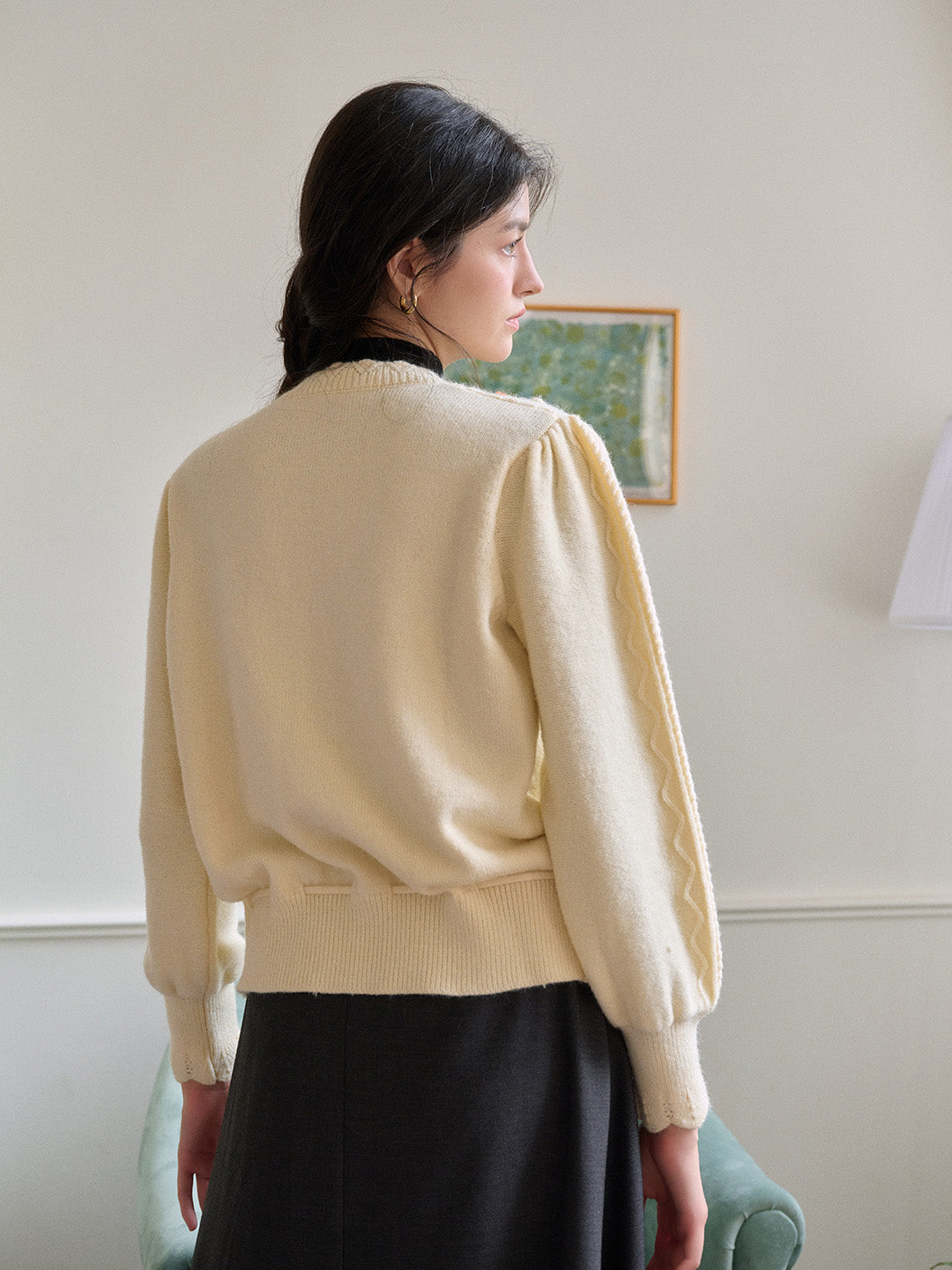Kira V-Neck Crochet Tie-Waist Wool Sweater