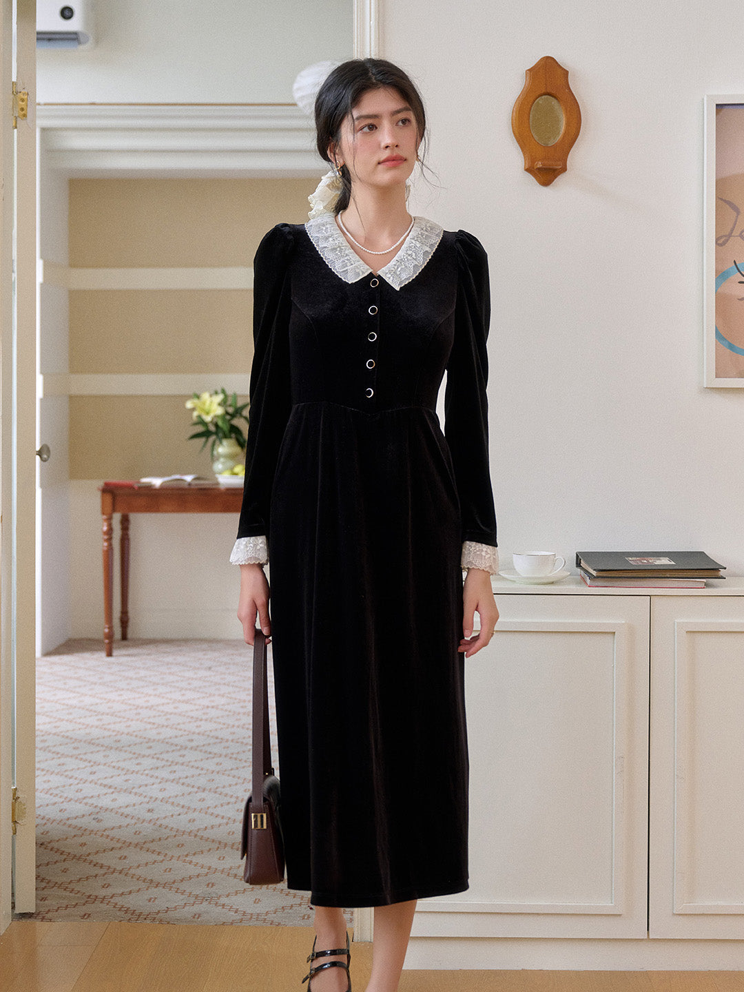 Emely V-Neck Velvet Lace Dress