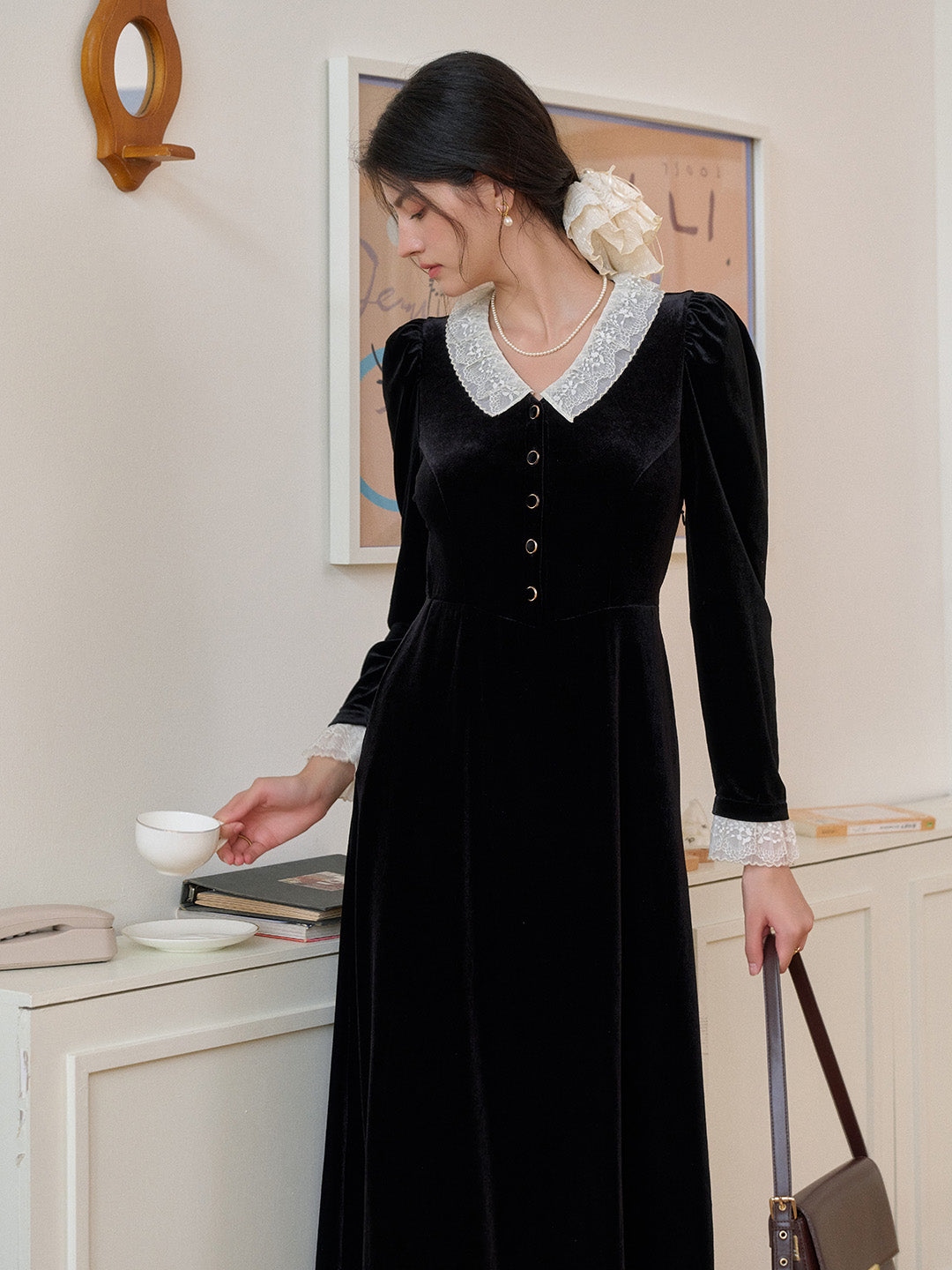 Emely V-Neck Velvet Lace Dress