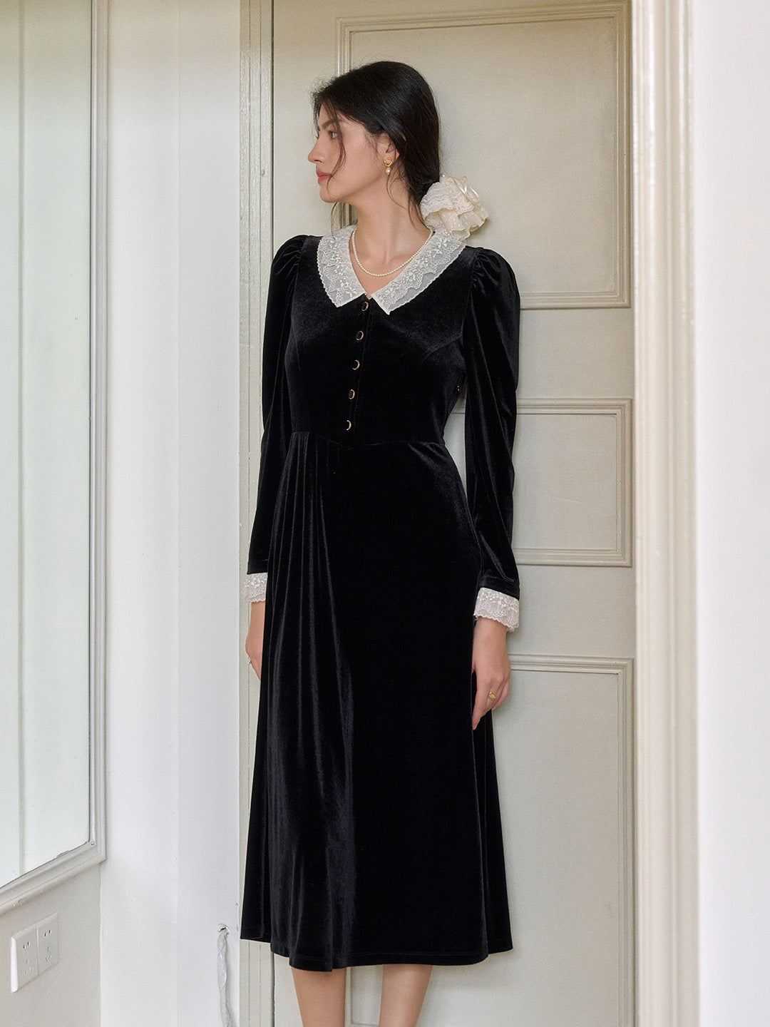 Emely V-Neck Velvet Lace Dress
