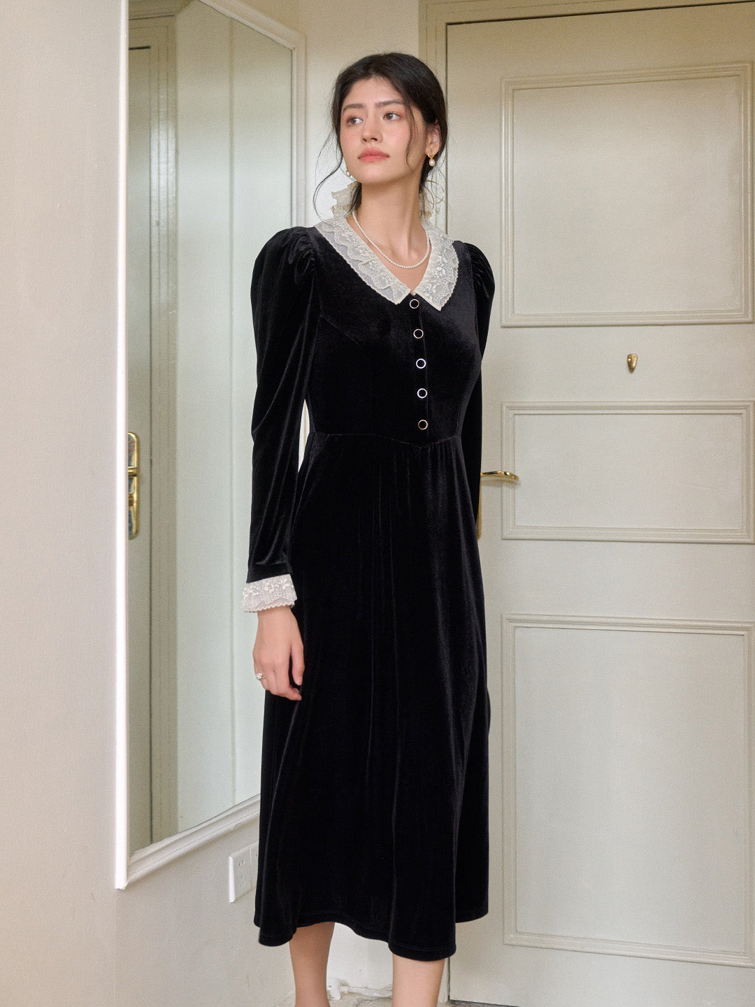 Emely V-Neck Velvet Lace Dress