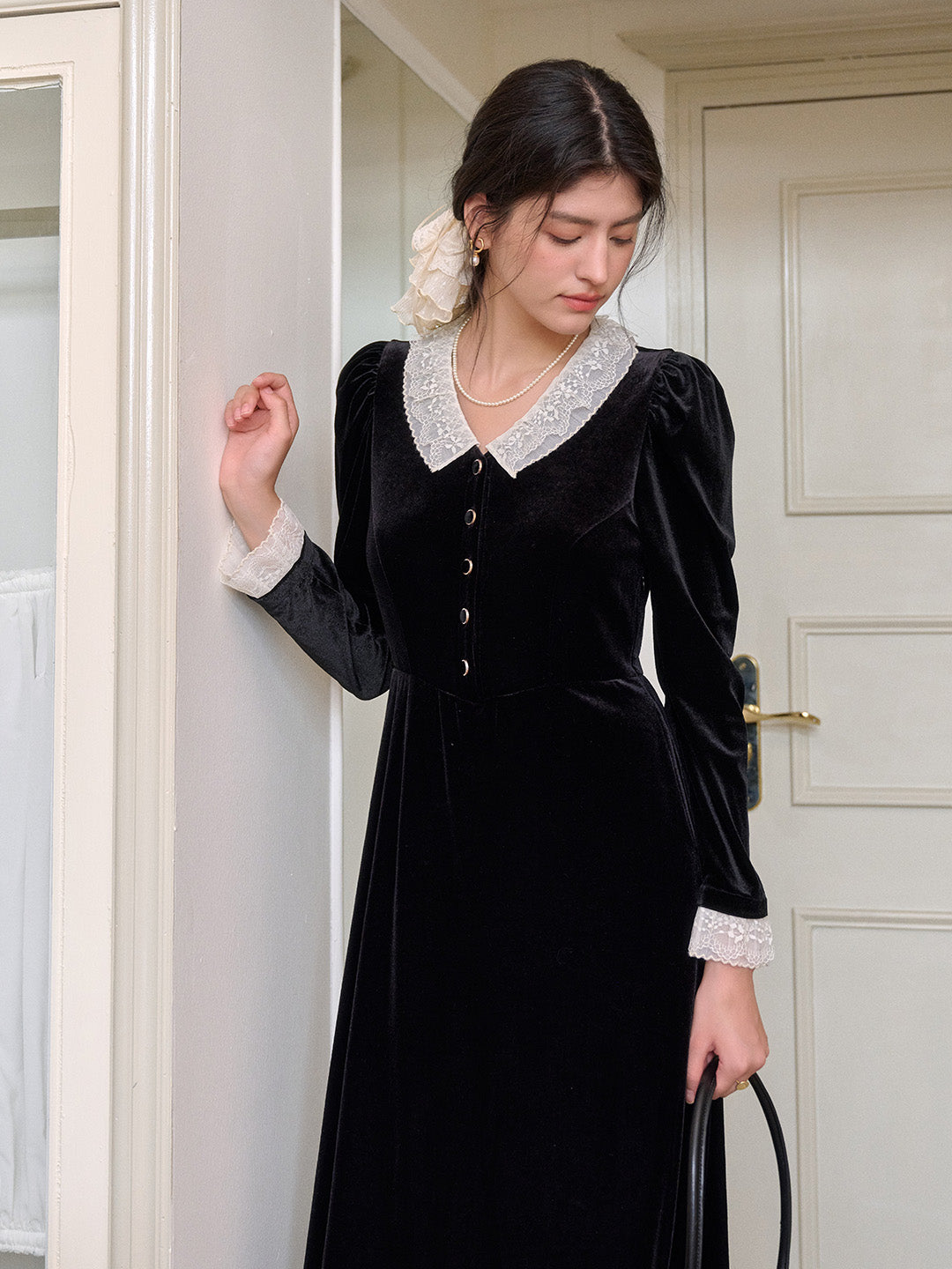 Emely V-Neck Velvet Lace Dress