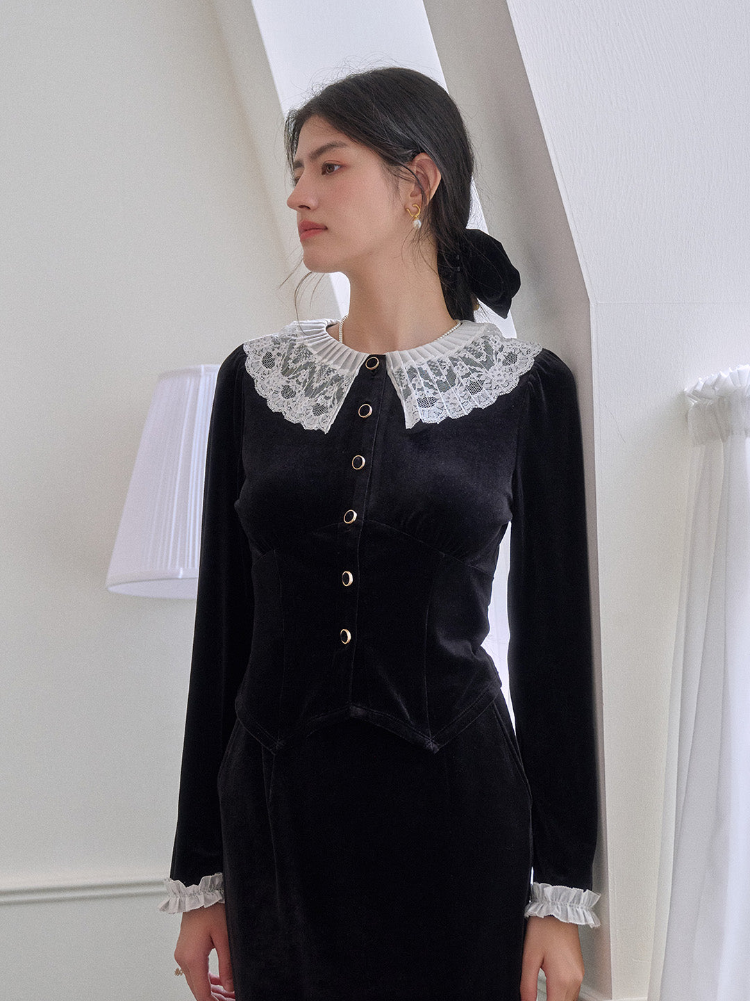 Matilda V-Neck Velvet Lace Blouse