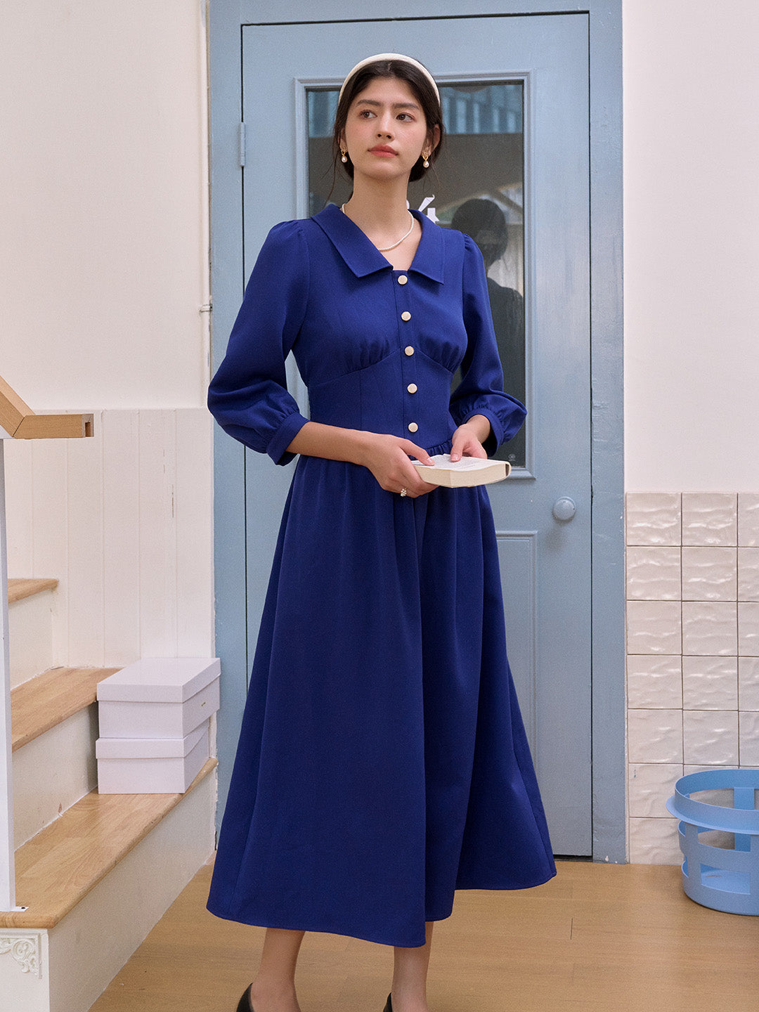 Stevie Turn-Down Collar Blue Dress