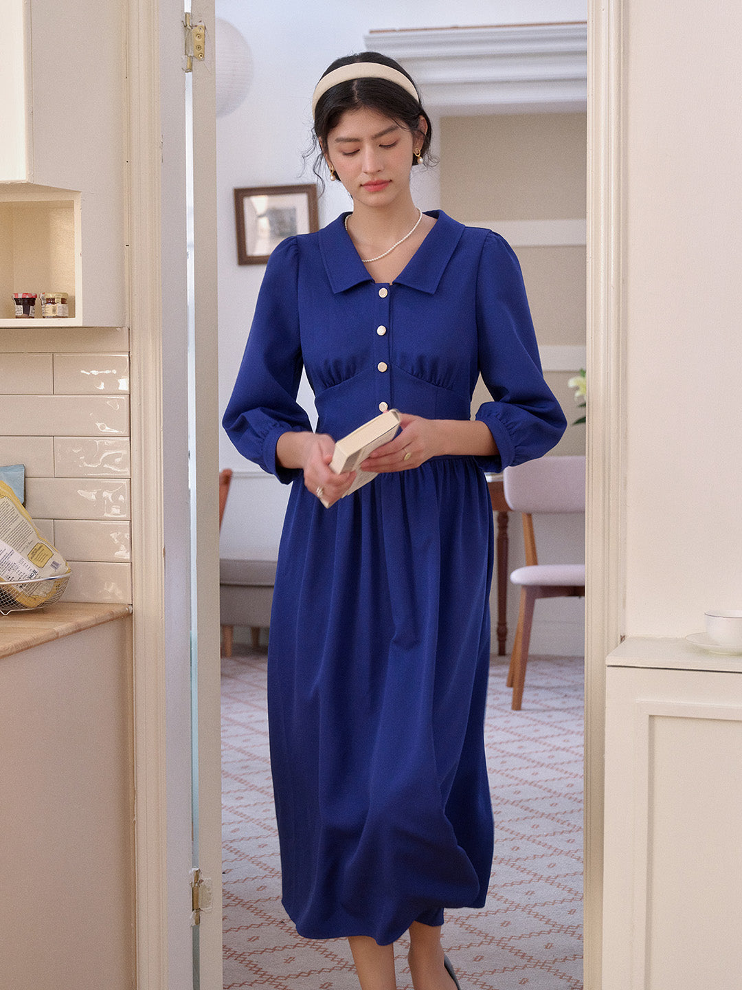 Stevie Turn-Down Collar Blue Dress