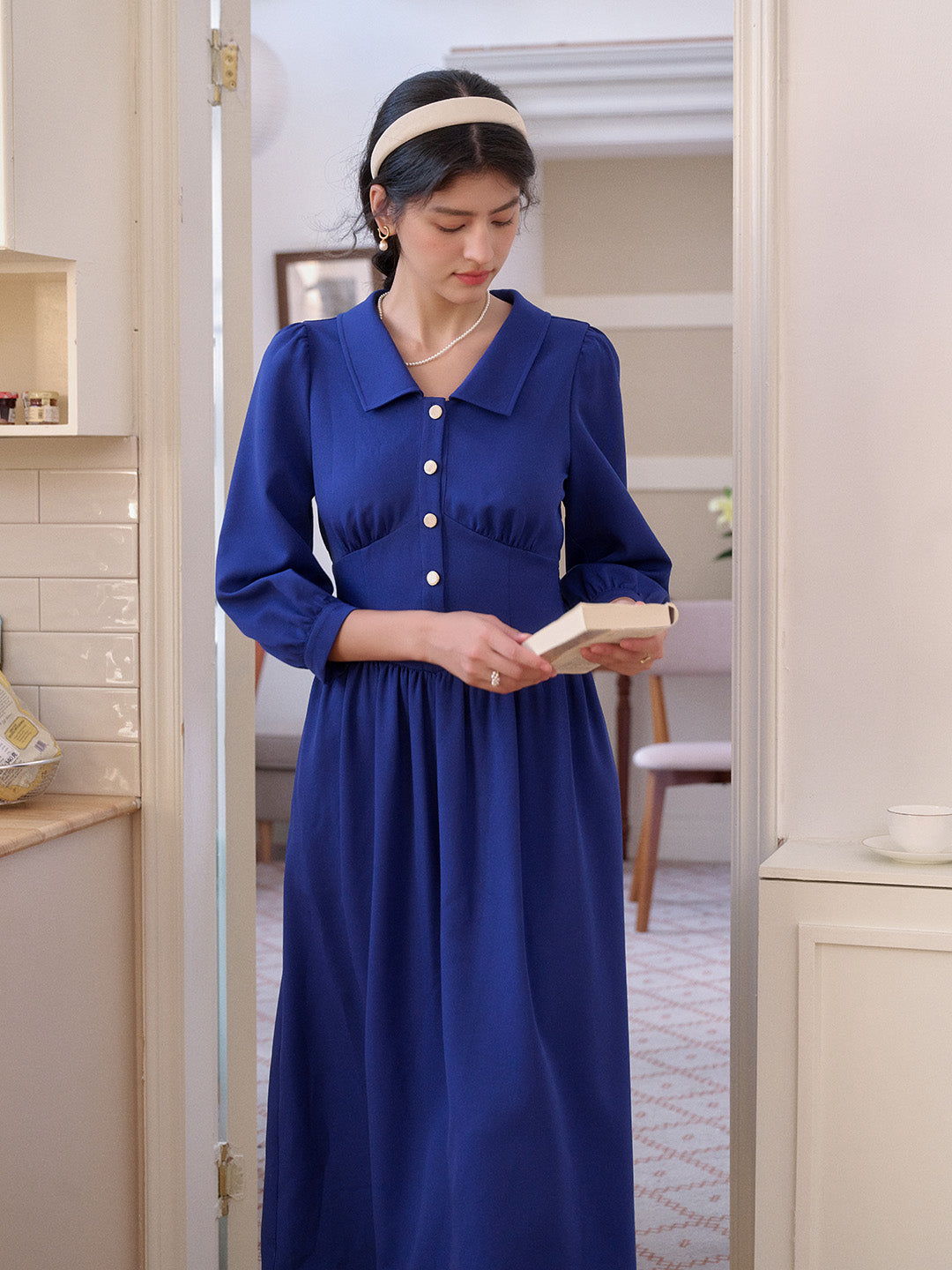 Stevie Turn-Down Collar Blue Dress