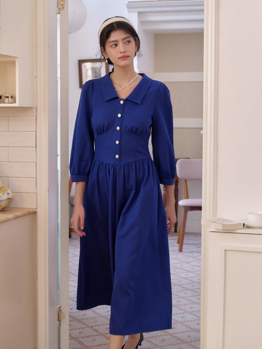 Stevie Turn-Down Collar Blue Dress