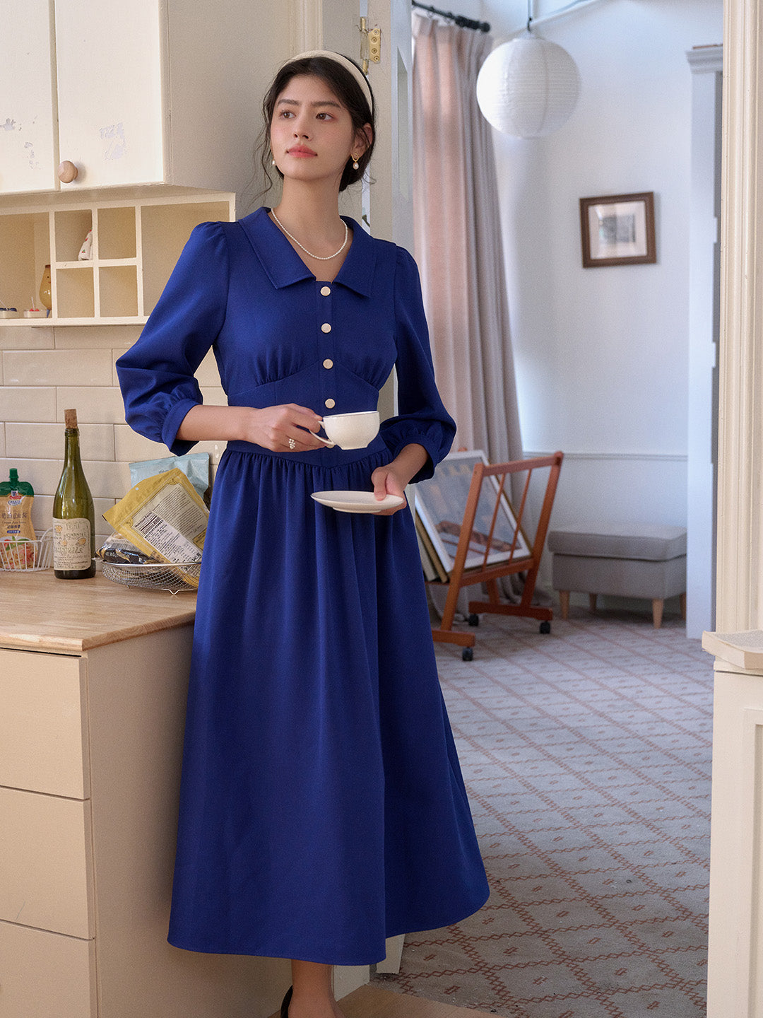 Stevie Turn-Down Collar Blue Dress