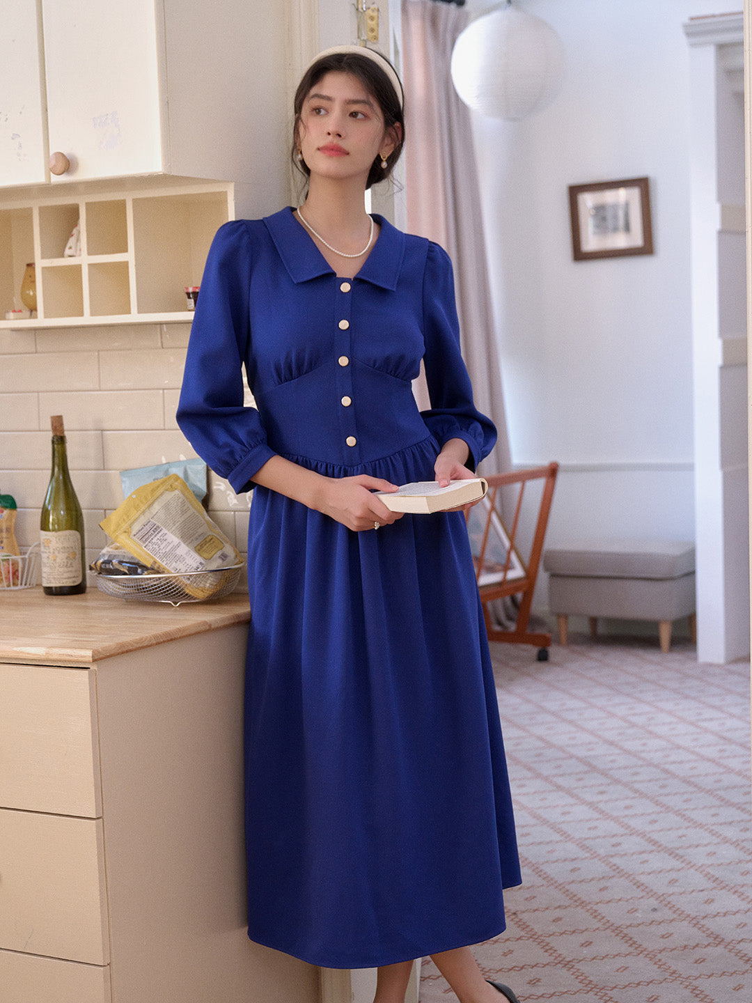 Stevie Turn-Down Collar Blue Dress