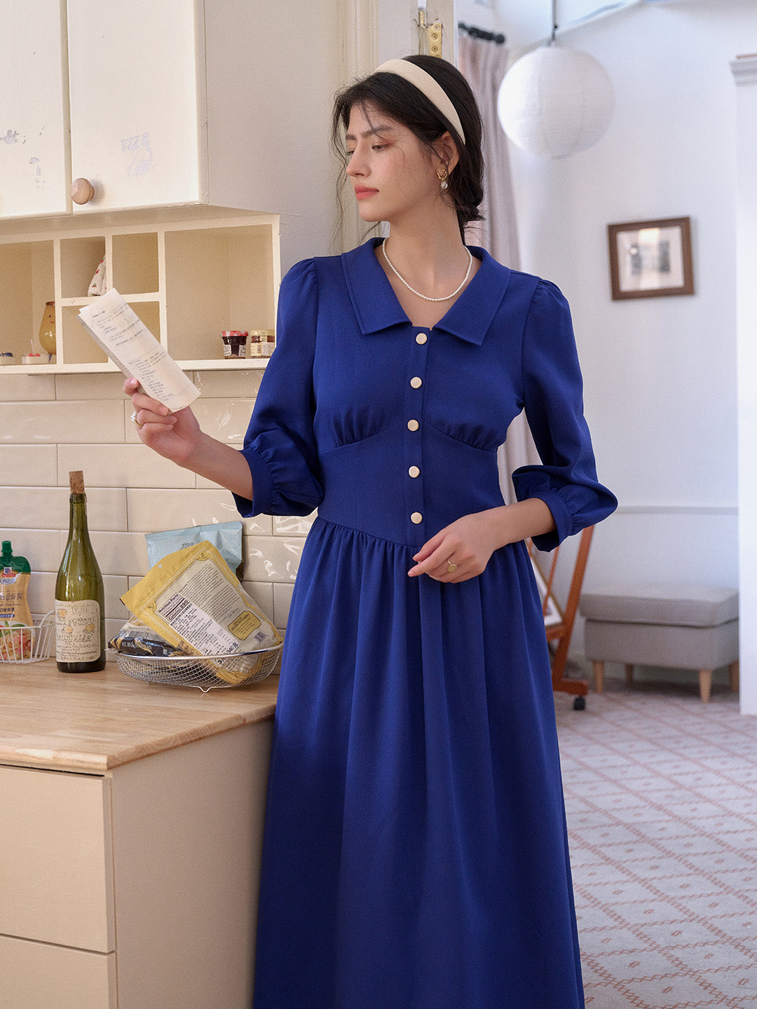 Stevie Turn-Down Collar Blue Dress
