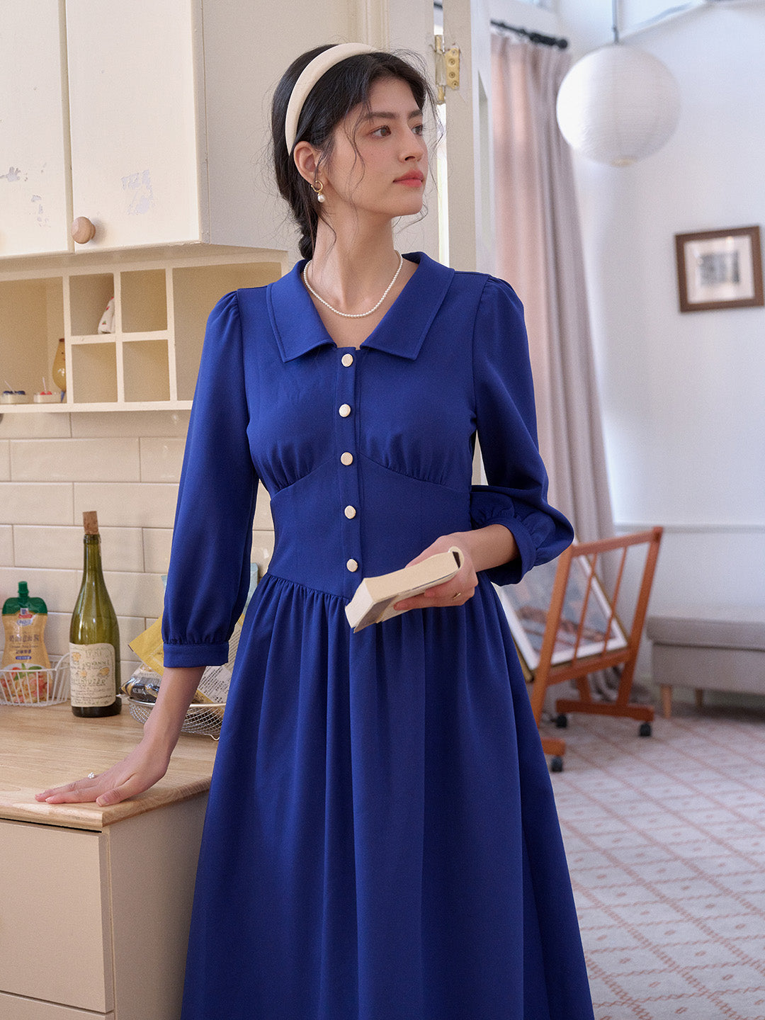 Stevie Turn-Down Collar Blue Dress