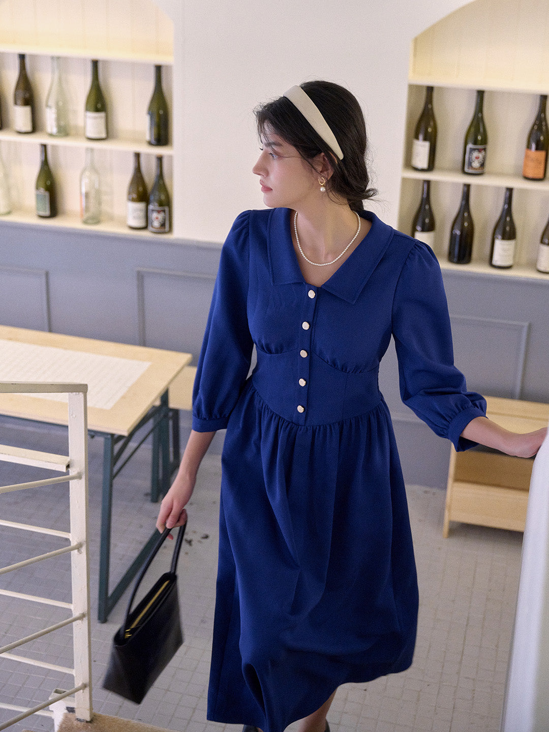 Stevie Turn-Down Collar Blue Dress