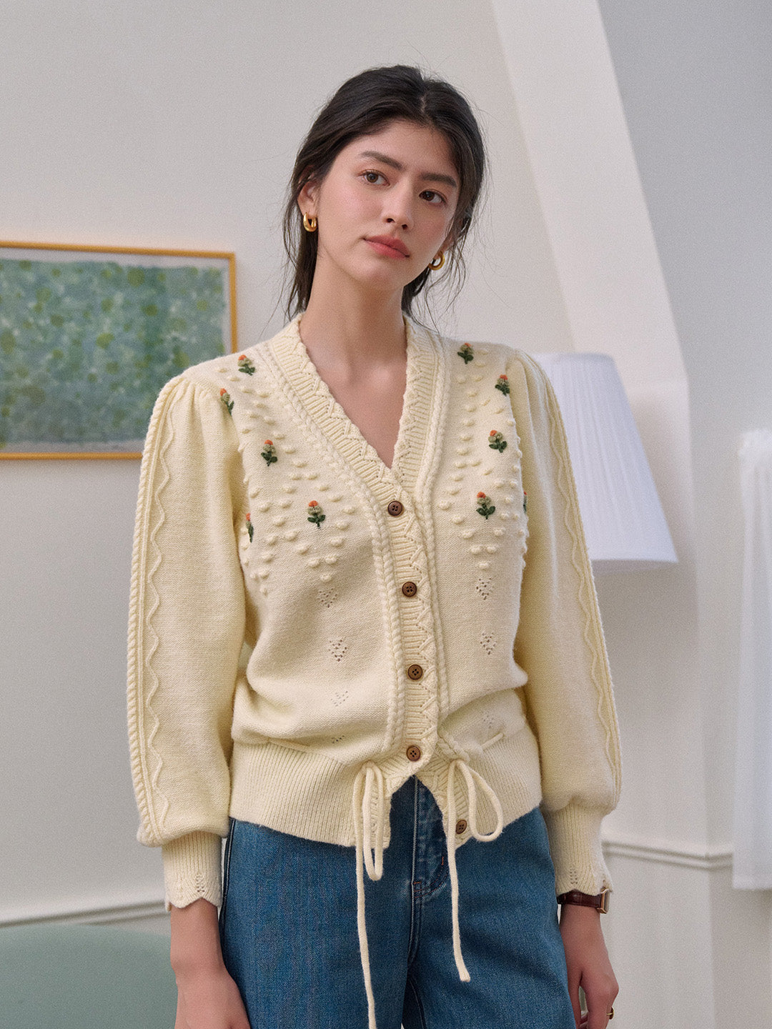 Kira V-Neck Crochet Tie-Waist Wool Sweater