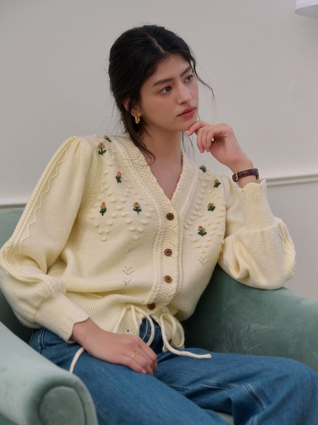 Kira V-Neck Crochet Tie-Waist Wool Sweater