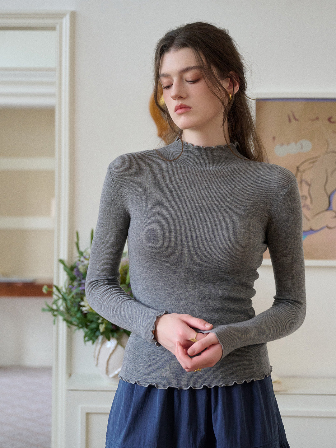 Amanda Ruffle Collar 100% Wool Top