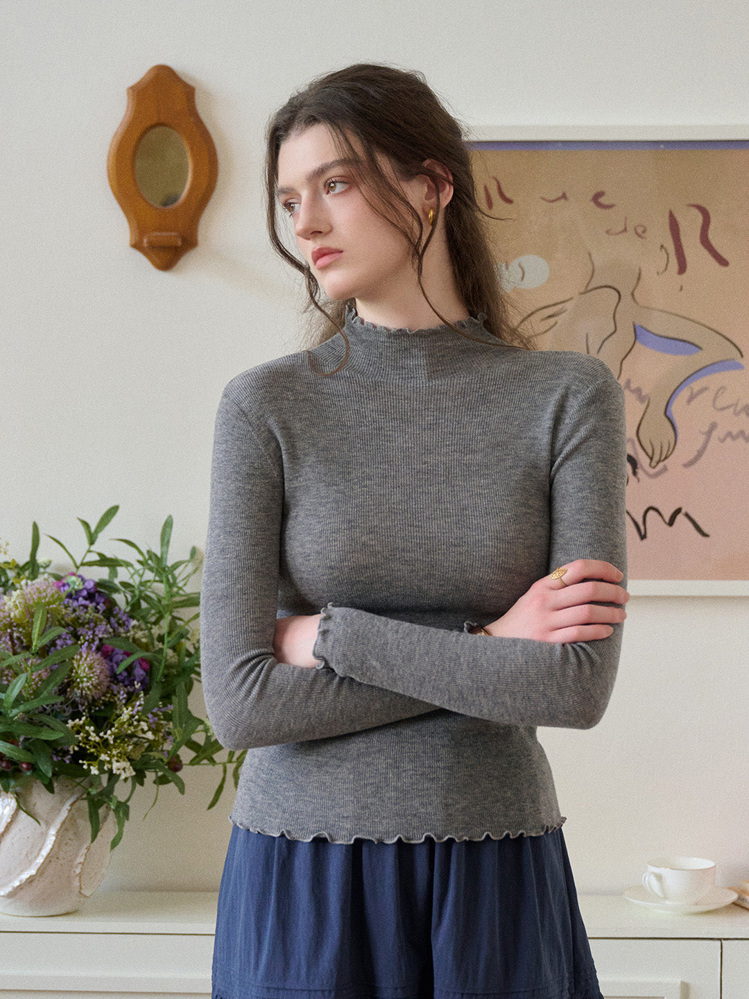 Amanda Ruffle Collar 100% Wool Top