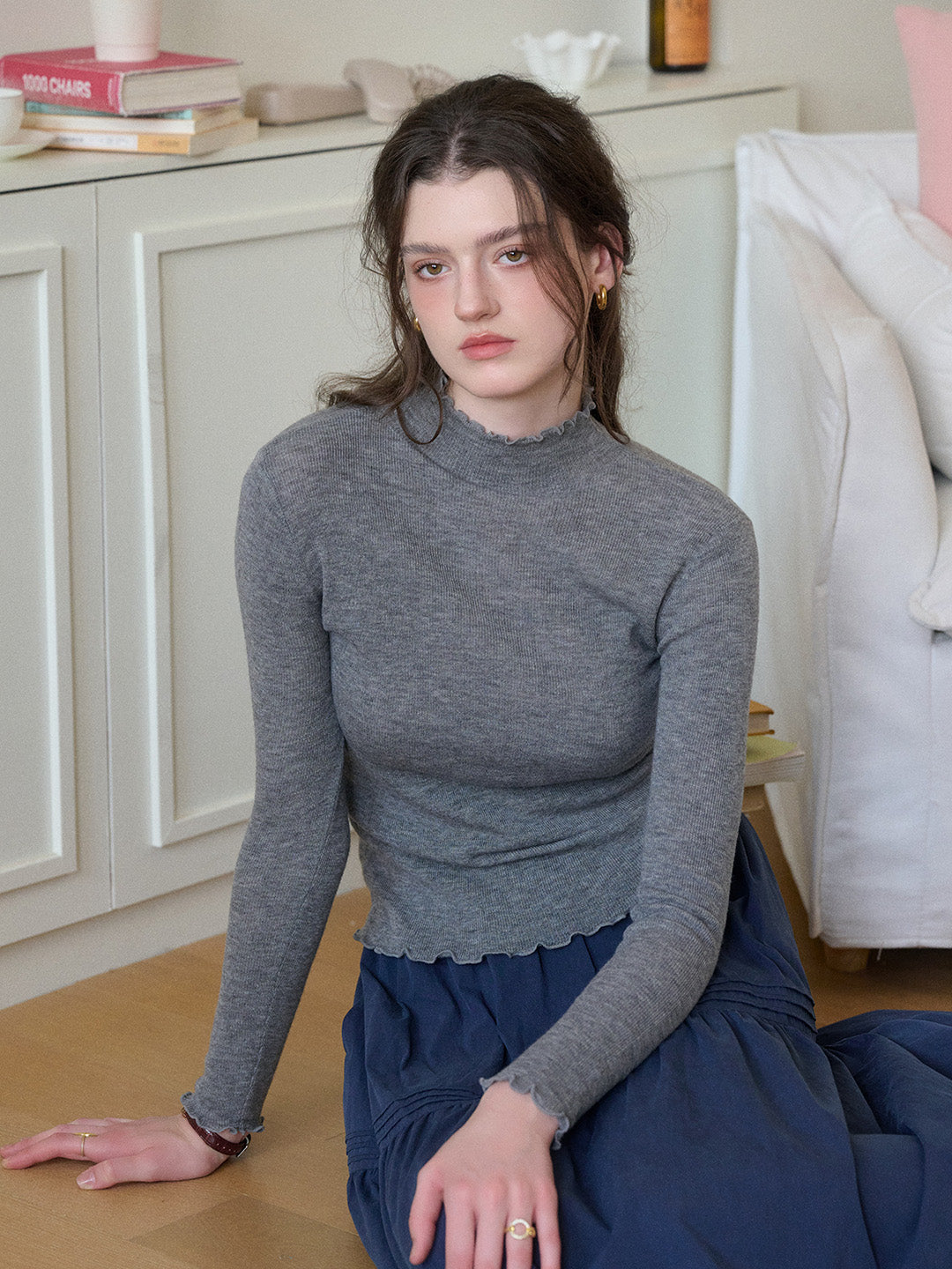 Amanda Ruffle Collar 100% Wool Top