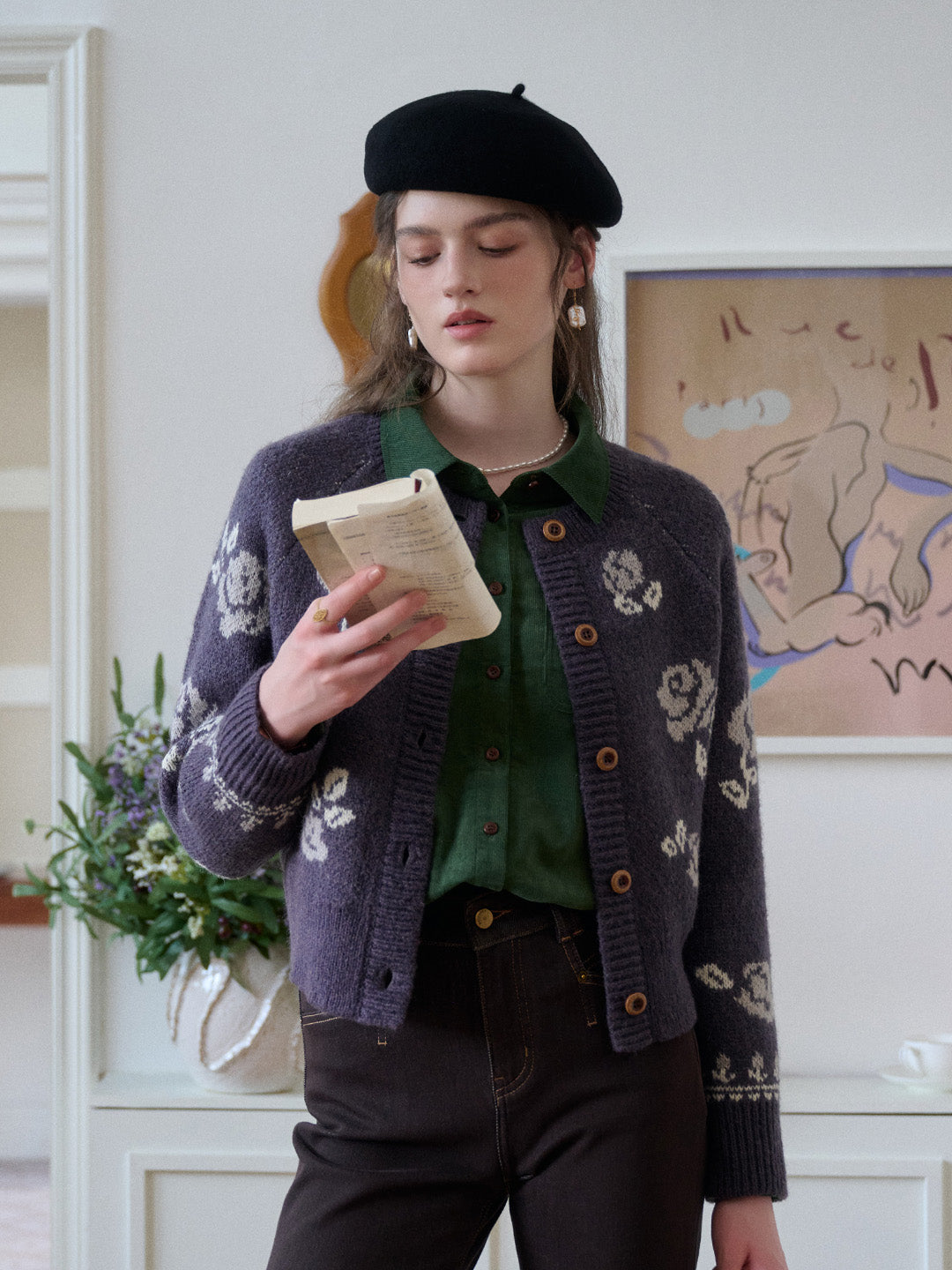 Katie Round Neck Jacquard Wool Cardigan