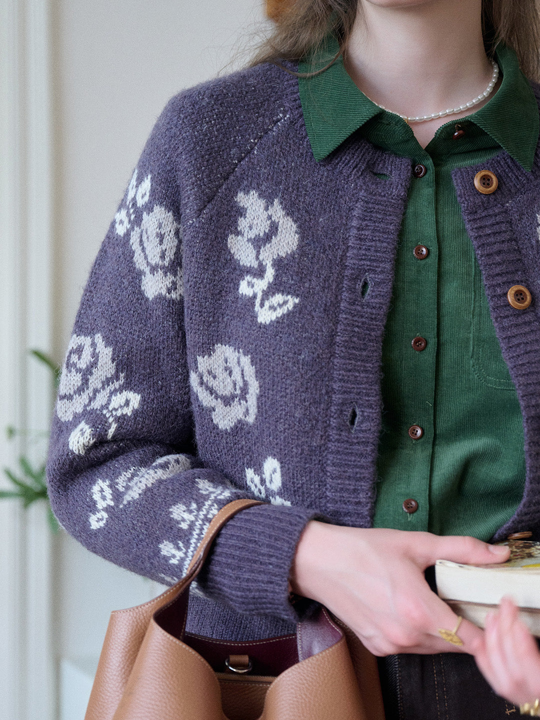 Katie Round Neck Jacquard Wool Cardigan
