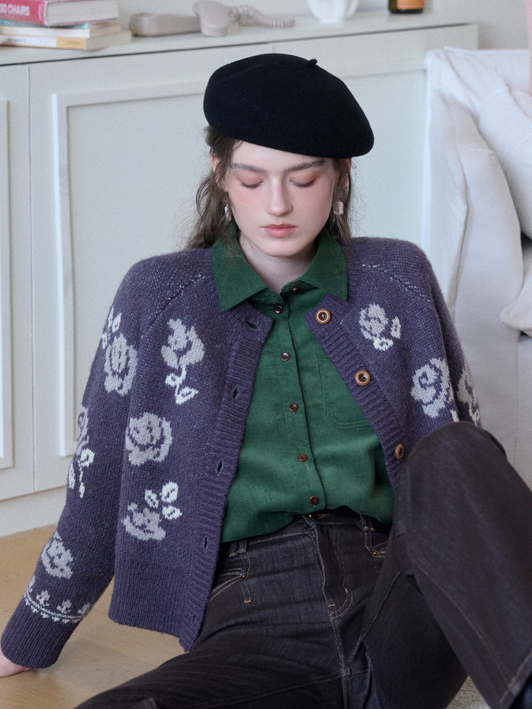 Katie Round Neck Jacquard Wool Cardigan